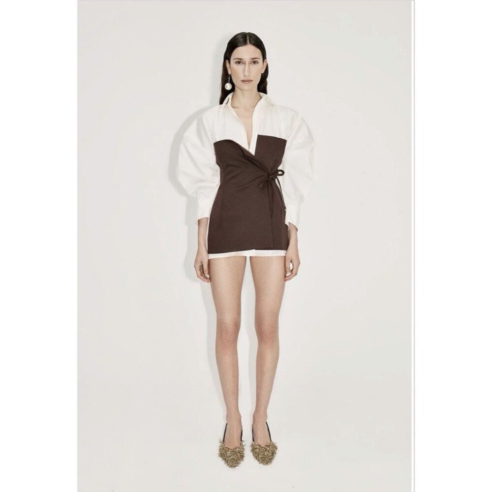 Aaizel NWT Volume Sleeve Deconstructed Wrap Shirt Dress White Brown Size Small/8